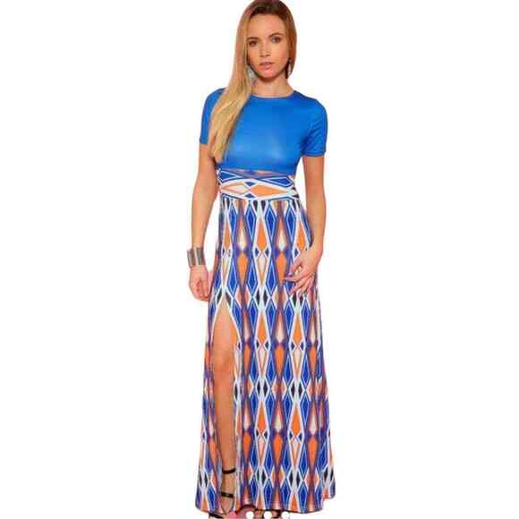 Chic Me Royal Blue & Orange Tribal Print Maxi/Long Dress Size Medium NWT - Picture 1 of 7